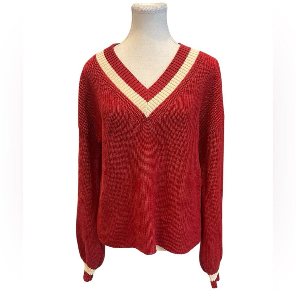 Tuckernuck Red V-Neck Sweater with Cream Trim